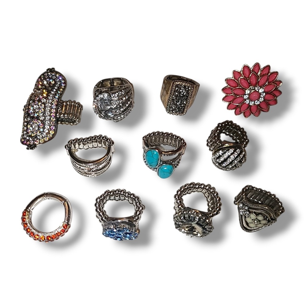 11 Stretch Cocktail Rings Lot Rhinestone Enamel Statement Fashion Jewelry